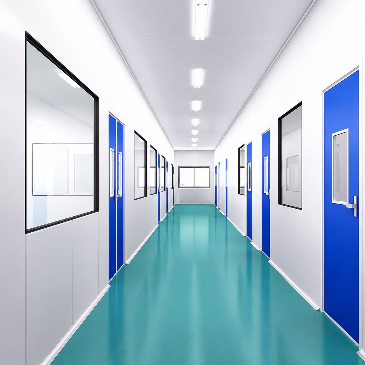 Pasillo de sala limpia con panelería modular, puertas y visores sanitarios